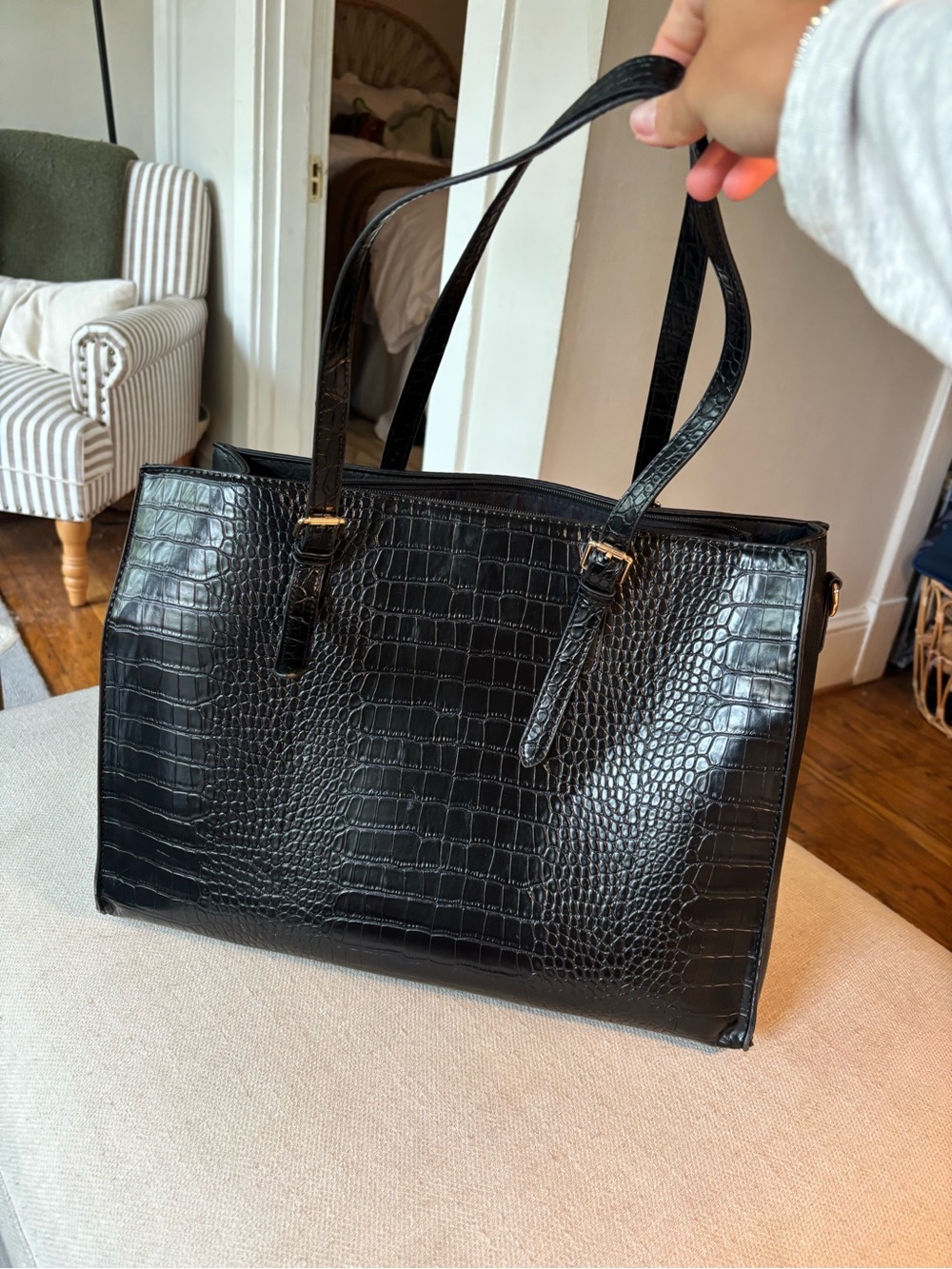 Croc-Embossed Black Tote Bag with Dual Straps